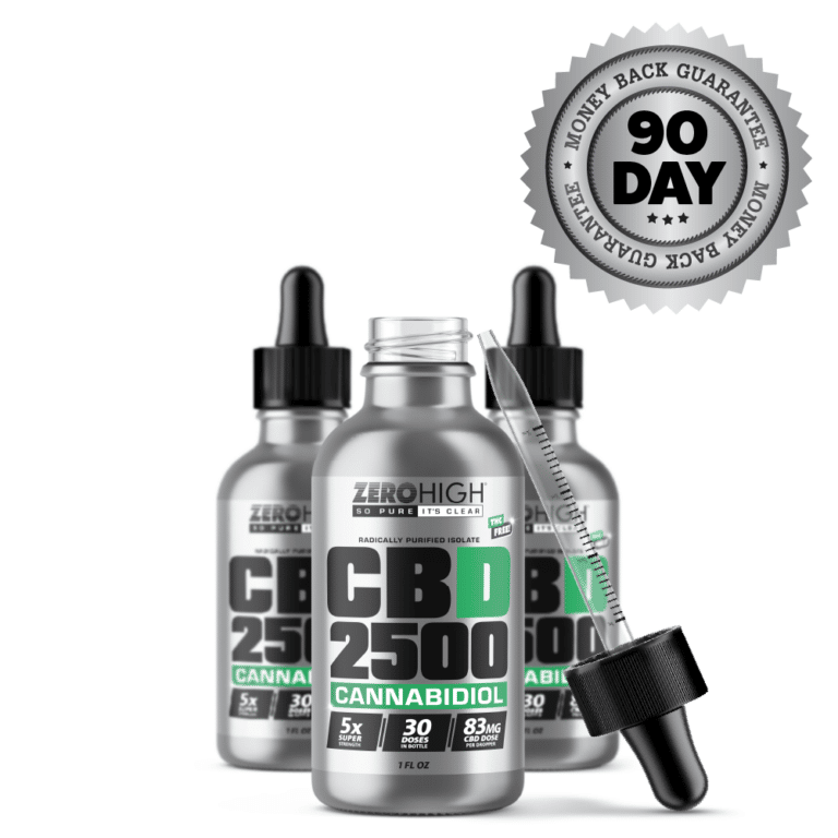 2500 Milligram Zero High Pure Isolate CBD Oil With No THC - 83mg Cannabidiol Per Dose - Three Month Supply With Dropper and Guarantee